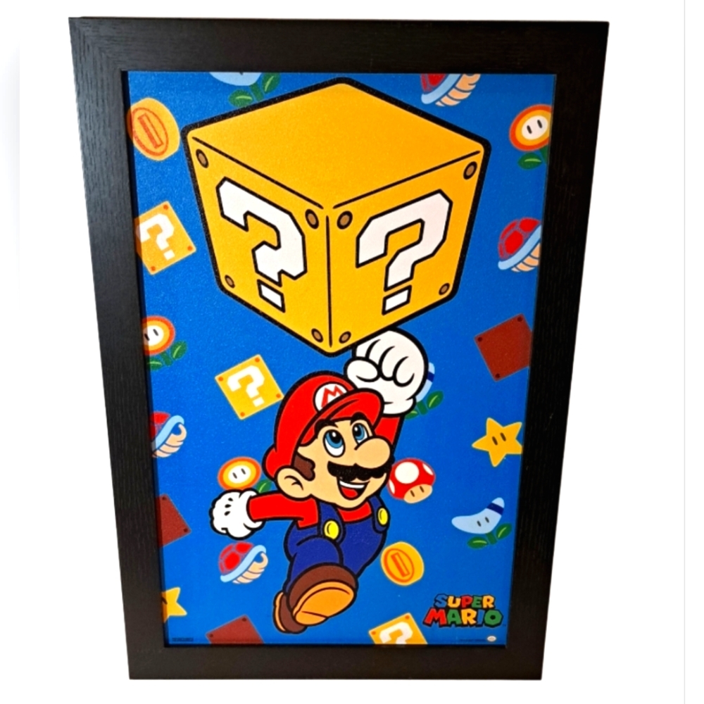 Super Mario Block Jump Wood Framed Wall Decor Arcade Gameroom Videogame 64
